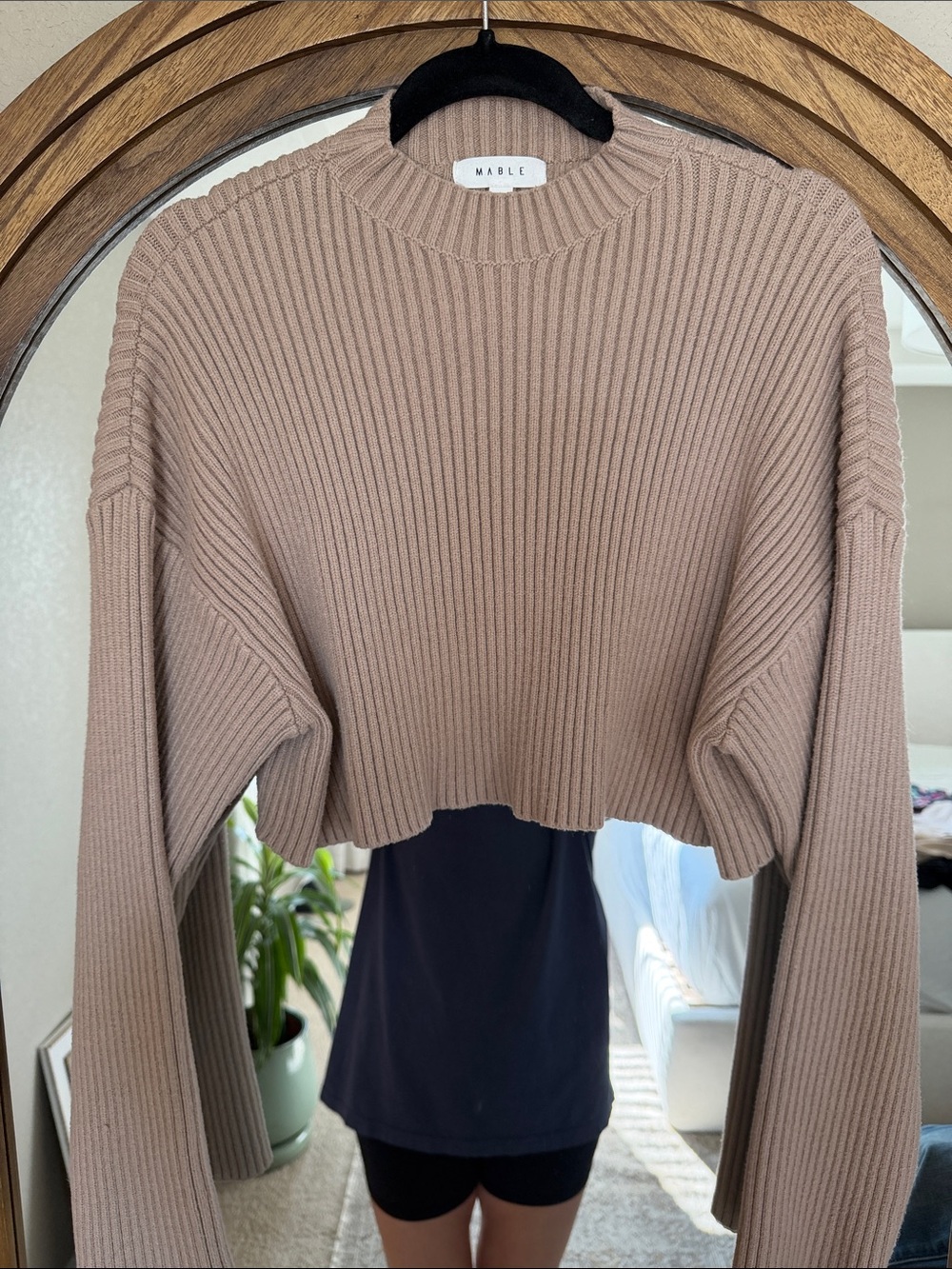 MARBLE Taupe Ribbed Cropped Crewneck Sweater